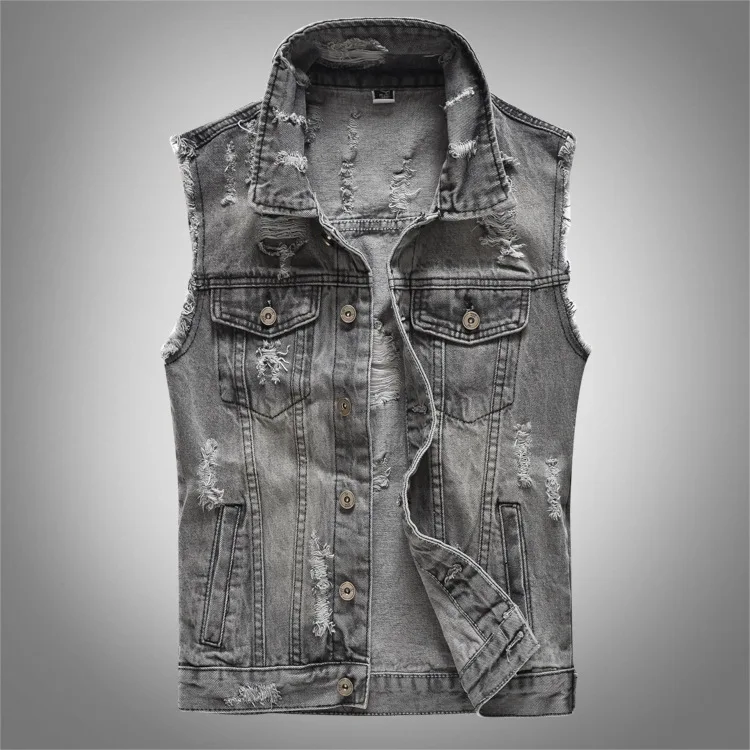 

Men's Punk Biker Denim Vest Ripped Hole Sle Motorcycle Jaet Slim Fit Youth Faion Casual Spring Autumn Winter Vest