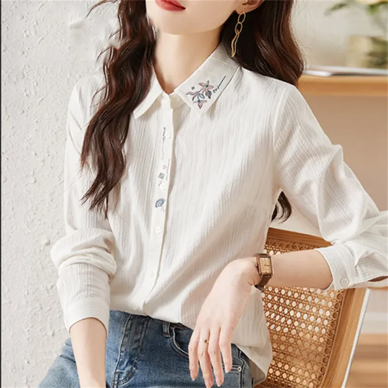 

Блузка с вышивкой, женские рубашки, топы в китайском стиле, свободная винтажная модная рубашка с длинными рукавами, трендовая женская одежда, рубашки
