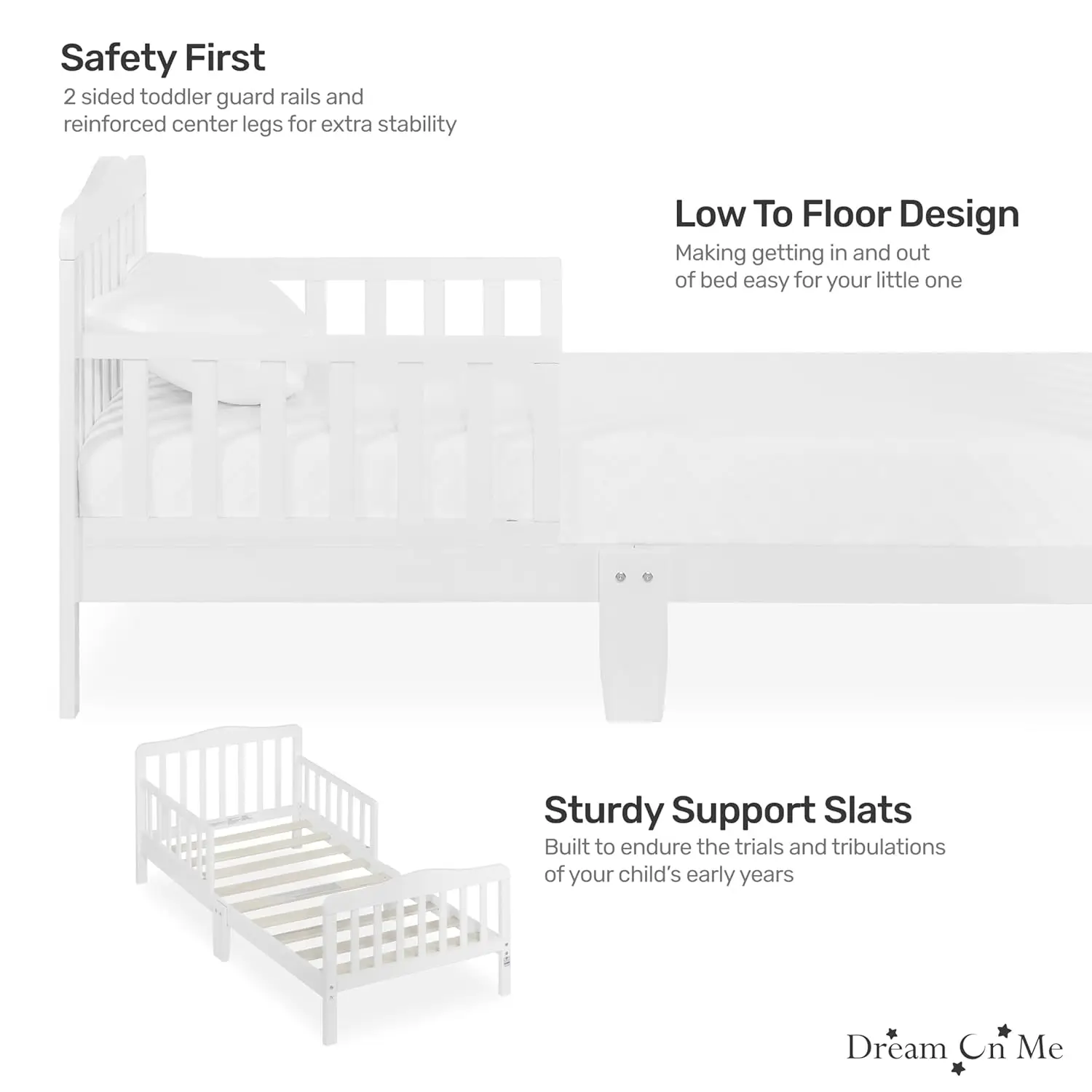 Letto per bambini dal Design classico In bianco, certificato Greenguard Gold e JPMA, Design da basso a pavimento, due sponde di sicurezza laterali, Non tossico F