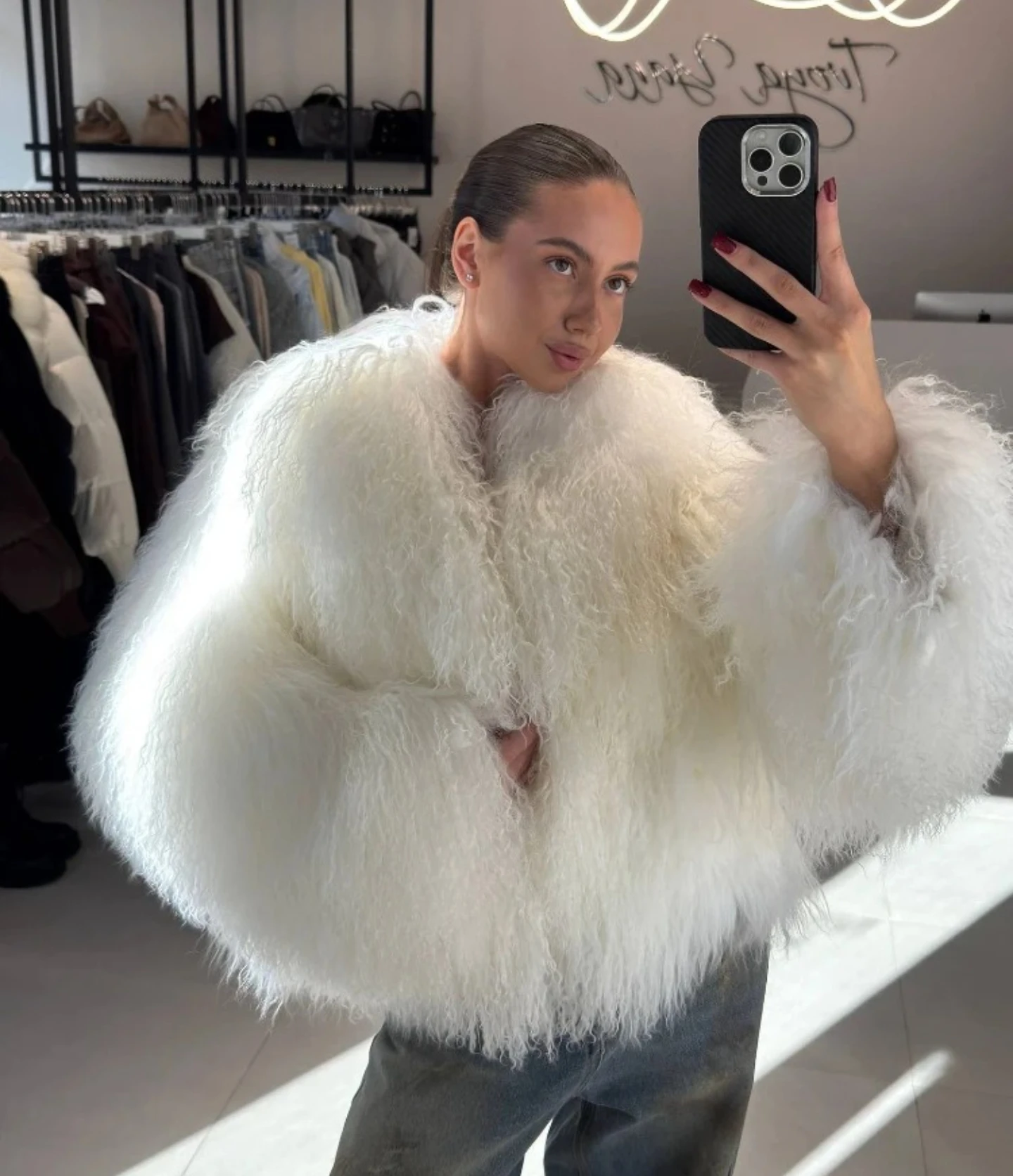 

High Street Parkas Outwear Women Faux Fur Cropped Coat Elegant Collarless Long Sleeve Loose Warm Jacket