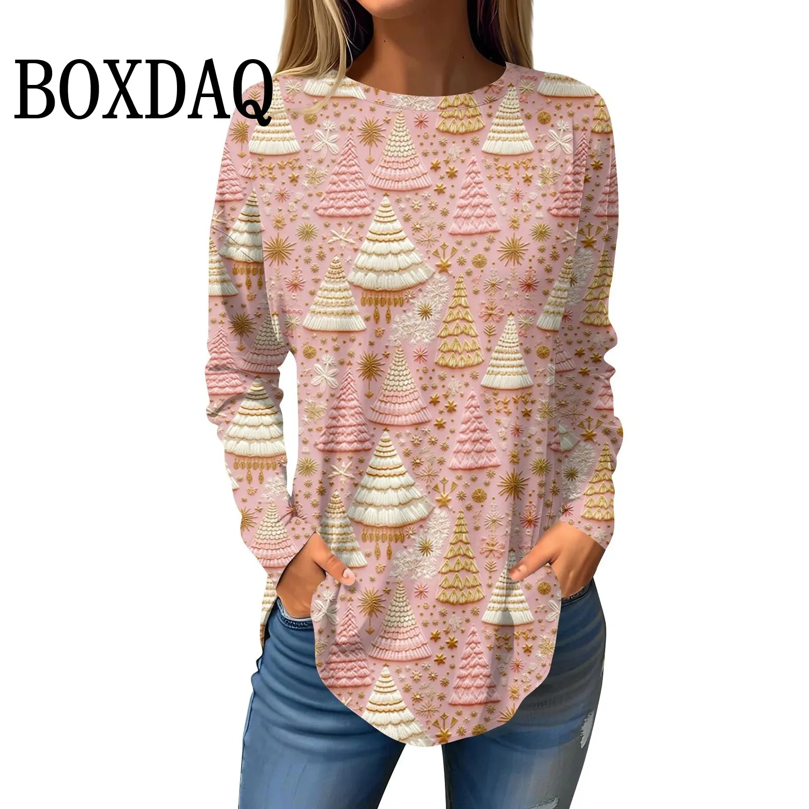 Long Sleeve Tops For Women T-Shirt Casual 3D Print Tops T Shirt Fashion Round Neck Winter Christmas Tree Pattern Ladies Clothes