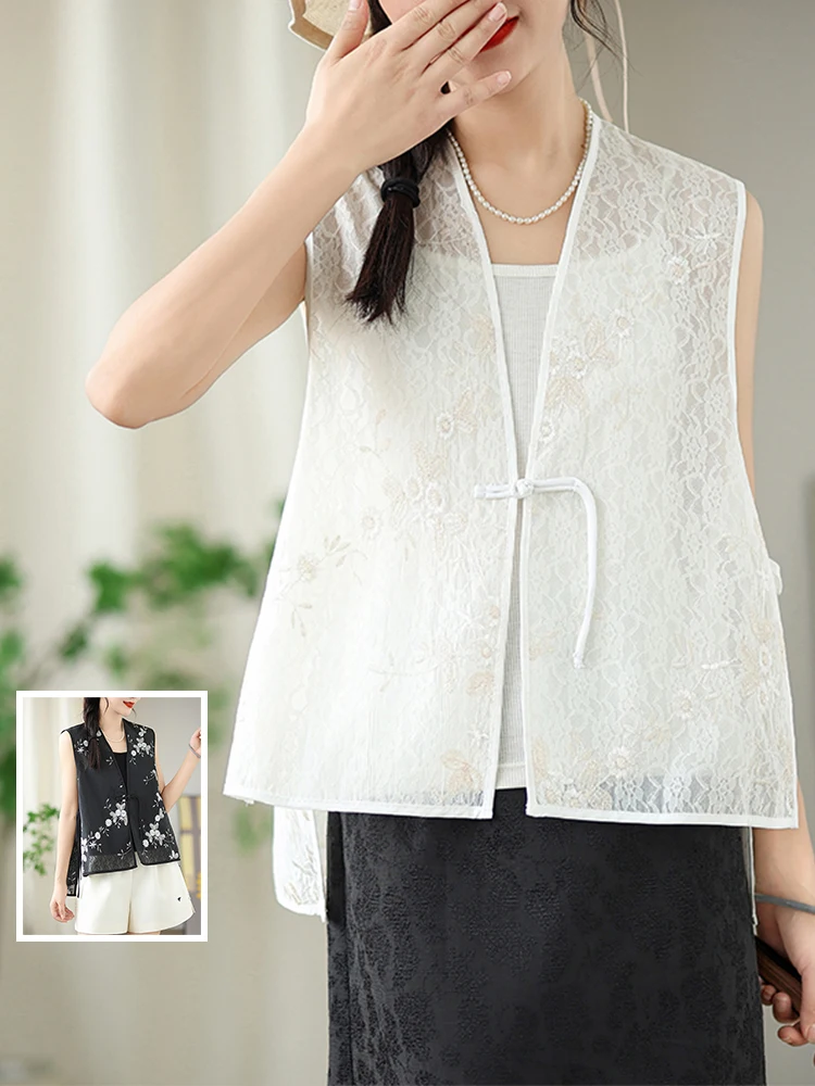 

Новый китайский кружевной жилет с вышивкой, большой размер, женский модный топ с v-образным вырезом и пуговицами с боковым разрезом, верхняя одежда