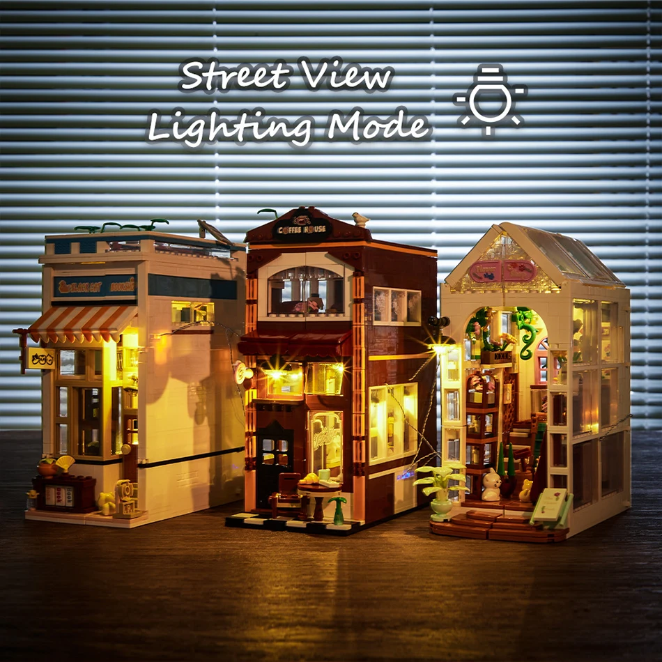 

MOC City Town DIY Bookshop Coffee Flower Shop Street View Micro Building Blocks LED Construction Bricks Toys Kids Birthday Gifts