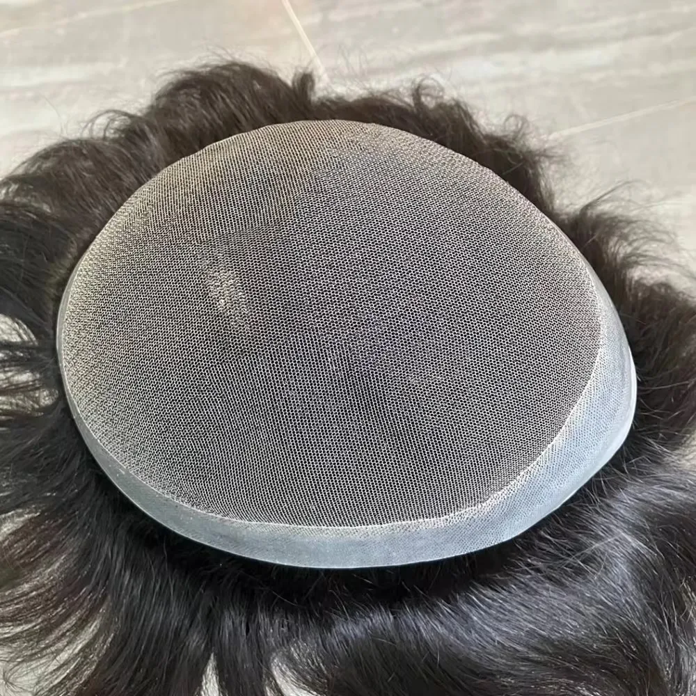 Toupee de cabelo humano preto natural para homens, indetectável, prótese capilar, laço suíço, PU, em torno de nós sedosos, retos e invisíveis