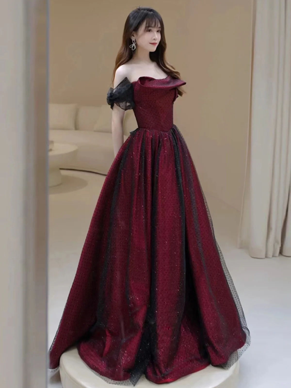 Customized Wine Red Evening Dress Banquet Elegant Simple Boat Neck A-line Polka Dots Prom Party Gowns Vestidos De Noche