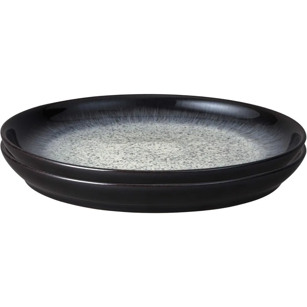 

- Halo Coupe Dinner Plates Set of 2 - Reactive Glaze Dishwasher Microwave Safe Crockery 26cm - Black, Grey Ceramic Stoneware Ta