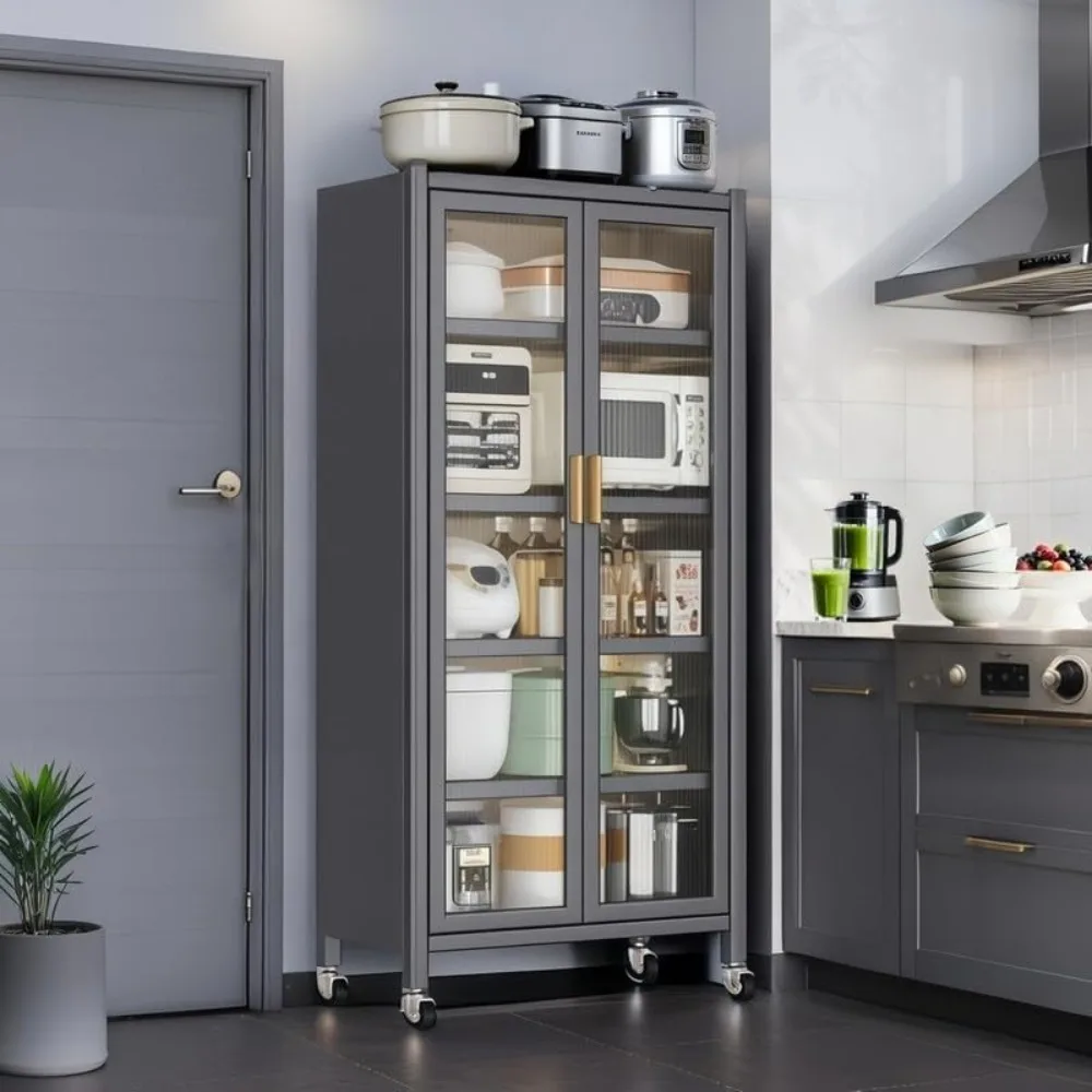 

65" Kitchen Pantry Cabinet with Glass Doors, 6-Tier Adjustable Shelves & Wheels, Metal Storage Cabinet for Food, Dishes