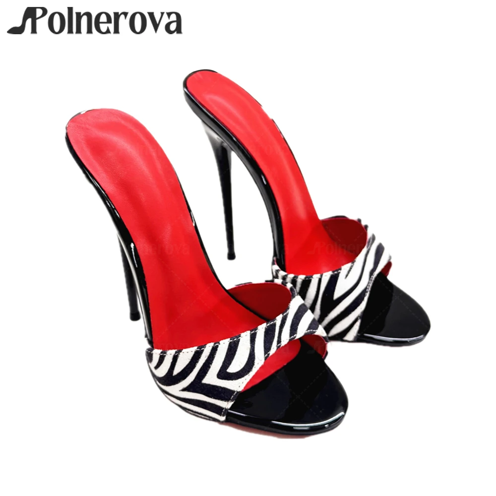 16 سنتيمتر ليوبارد طباعة المفتوحة تو البغال أبيض وأسود زيبرا مخطط النعال اللمحة تو الانزلاق على الخناجر مثير طلى كعب النعال