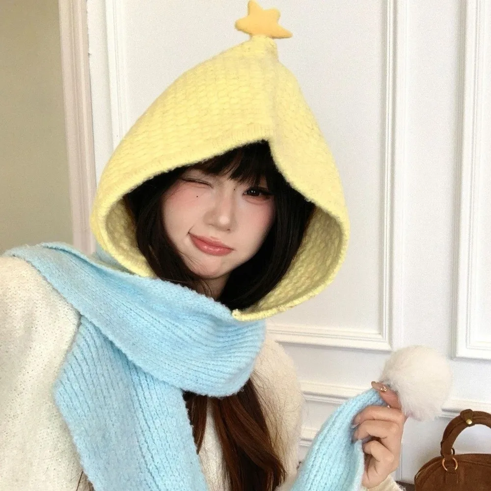 New 2-in-1 Knitted Hat Scarf Keep Warm Windproof Balaclava Hats Sweet Soft Scarf Hat for Women
