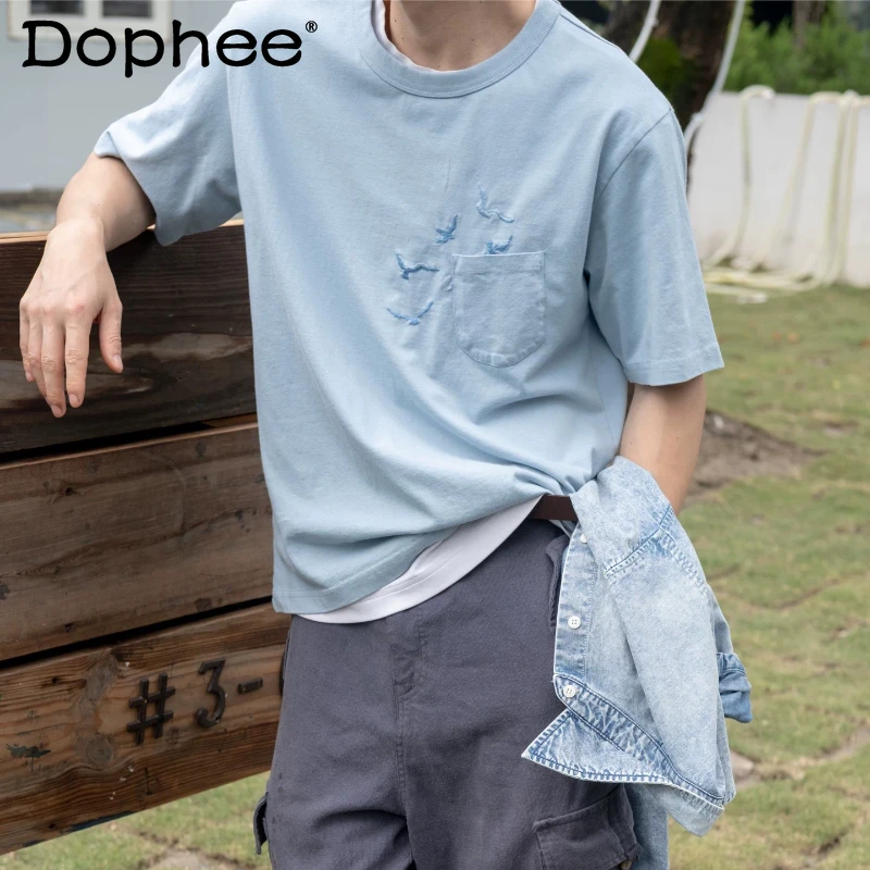 

2026 Men's Spring New Fashion Embroidery Tees Round Neck Loose Comfort Chic Tops Pocket Decoration Short Sleeve Cotton T-Shirts