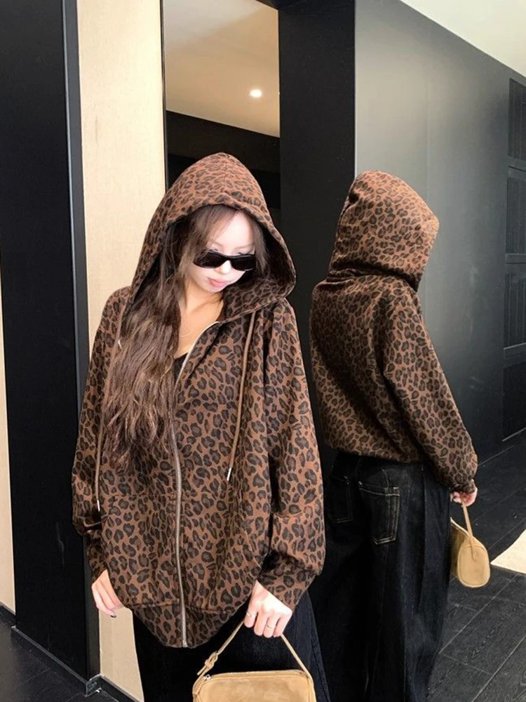 女性 Y2K ヒョウパーカーストリートルーズ原宿レトロスウェットシャツヒップホップ秋アメリカンヴィンテージ女性長袖トップス新しい