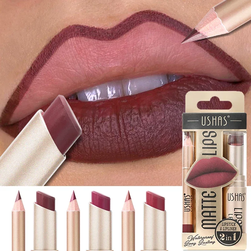 2 In 1 Lippenstift Set Make-Up Matte Lippenstift & Lipliner Potlood Waterdichte Duurzame Cosmetica Nude Bruine Contour Getinte Lippenbalsemset