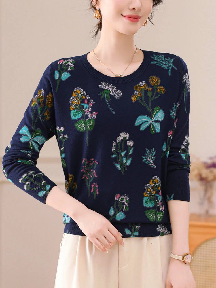 Floral Print Women\'s Sweaters Spring Autumn Thin Pullovers Long Sleeve Top Blusas Femme Soft O Neck Knitted Slim Sweater