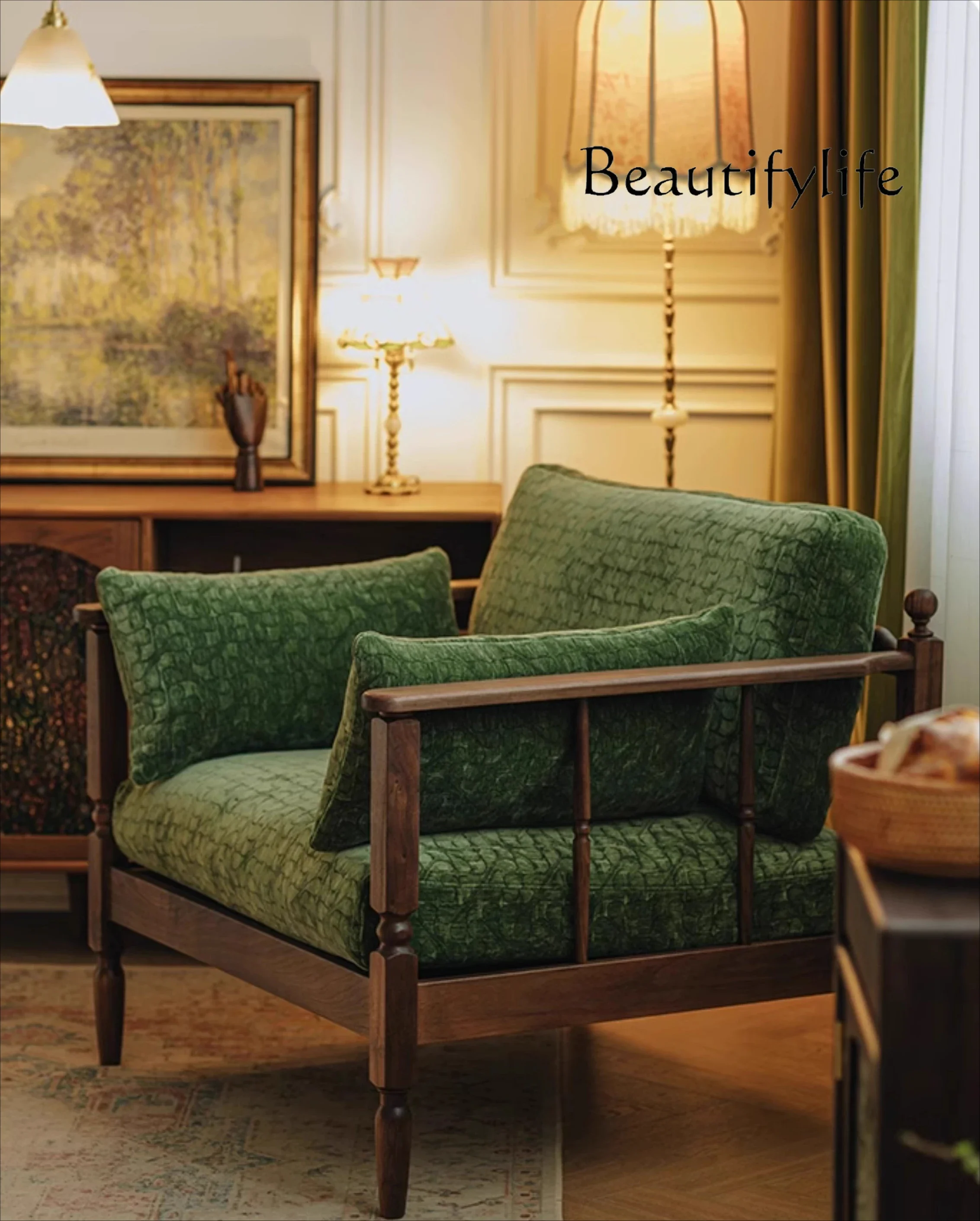 A44 Solid wood retro single-seat fabric black walnut small apartment Nordic living room sofa chair high-end