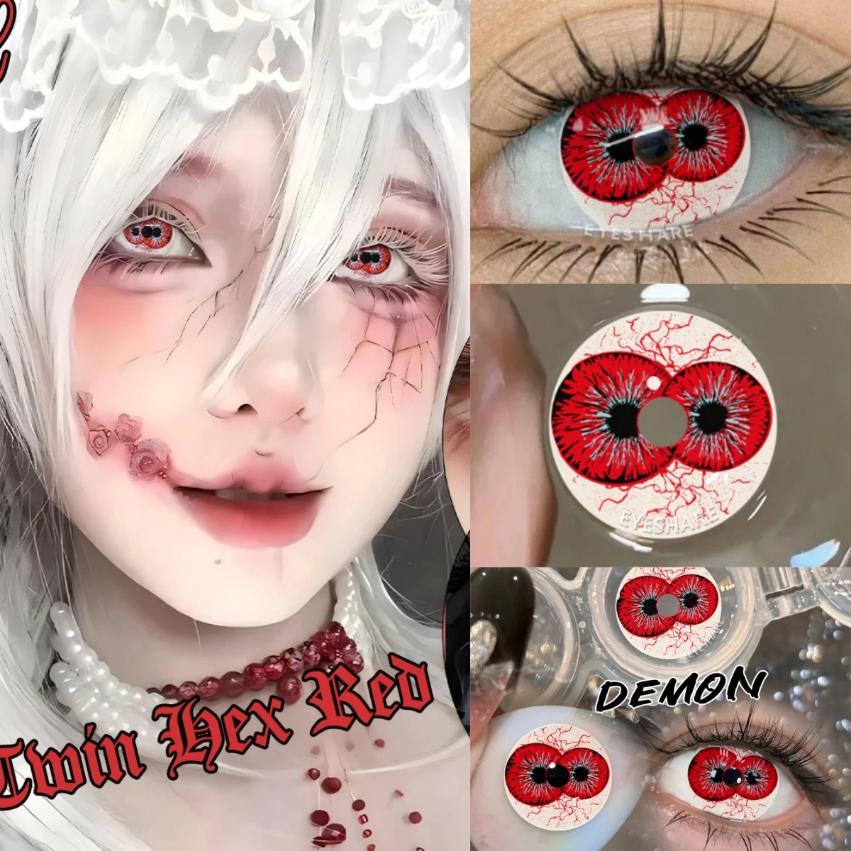 EYESHARE 1 Paar farbige Kontaktlinsen für Cosplay, Anime-Augenzubehör, Halloween-Kontaktlinsen, rote/weiße Augen