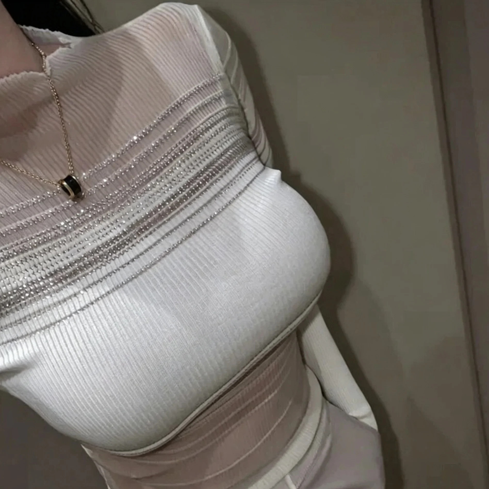 Sexy Women's Knitted Long Sleeve High Collar Semi-Transparent Shiny Thread Striped Top Comfortable Fitting Korean Style T-shirt