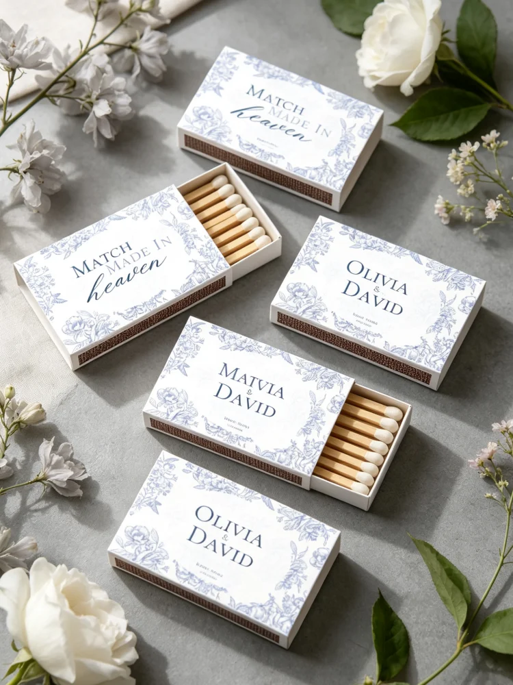 Custom Blue Toile Wedding Matchbox Favor, Printable Match Box , Elegant DIY Decor for Wedding Party Keepsake Favors