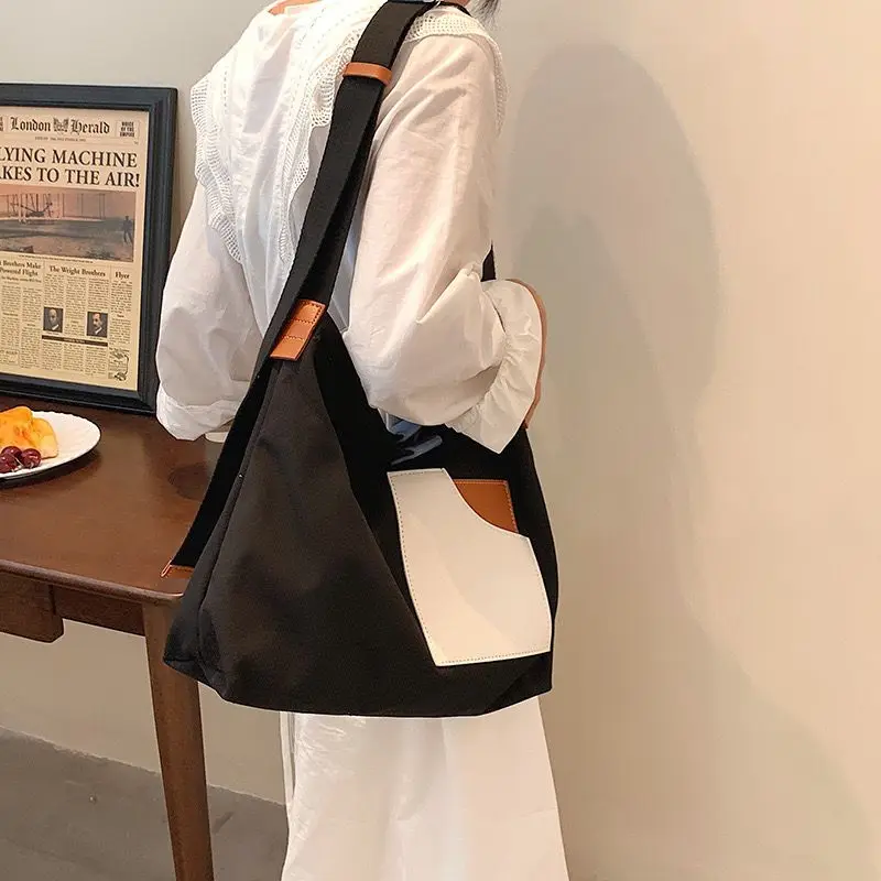 Contrast Color Patchwork Big Capacity Canvas Fashion Women Shoulder Crossbody Bag  All Match Itabag Designer Commuting Bag