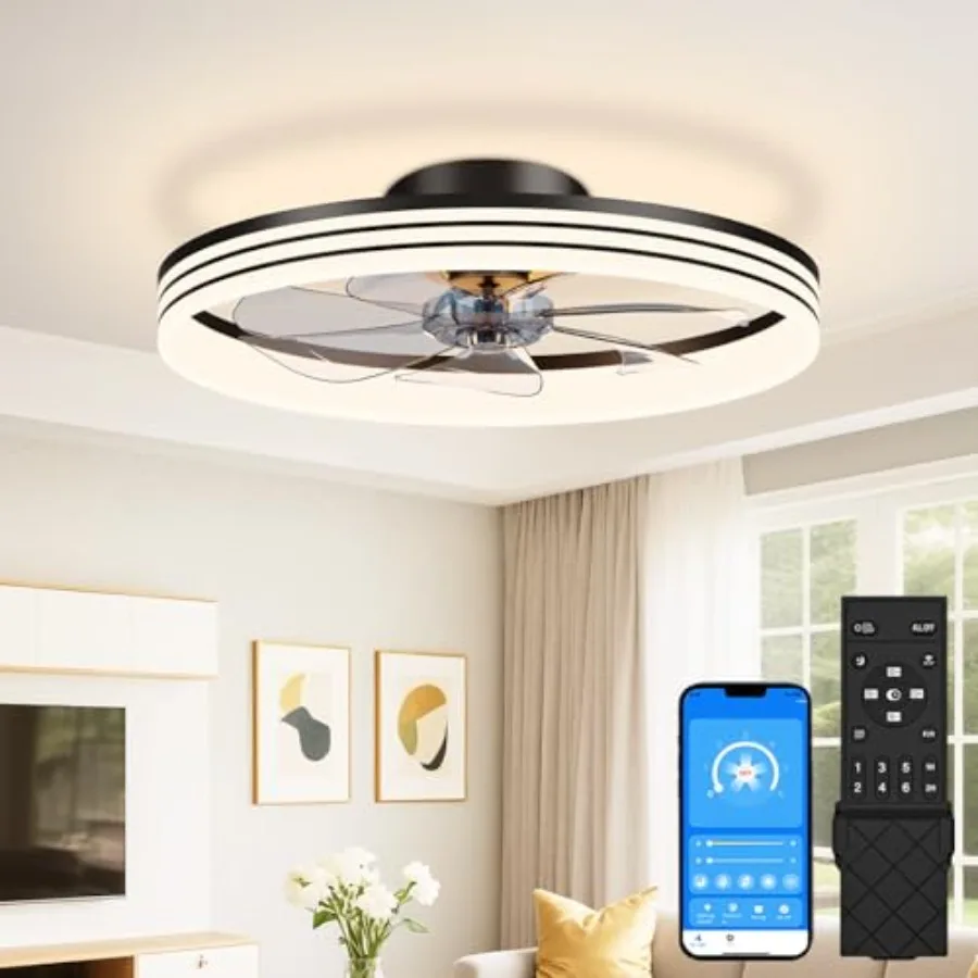 

Low Profile Ceiling Fans with Lights and Remote, 20in Flush Mount Ceiling Fan with Light, 3000K-6500K Dimmable Fandelier LED Fa