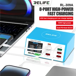 RELIFE RL-309A 8-port Charger 100W Digital Display Quick Charging 3A Fast Charging Suitable for Mobile Phones/Tablets/Laptops