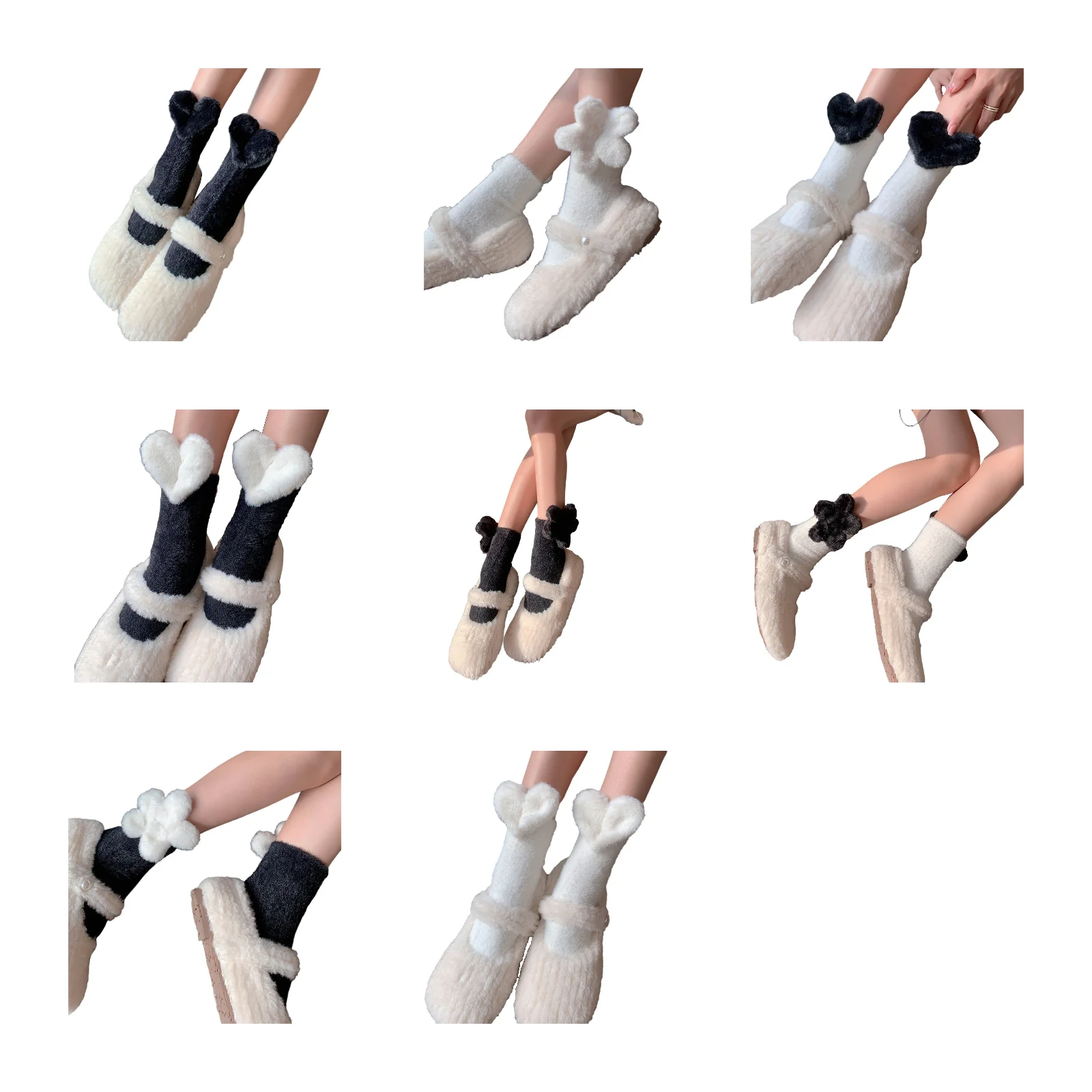 8 pairs of furry imitation mink plus velvet thickened socks set: black/milk white love flowers in multiple colors to choose from