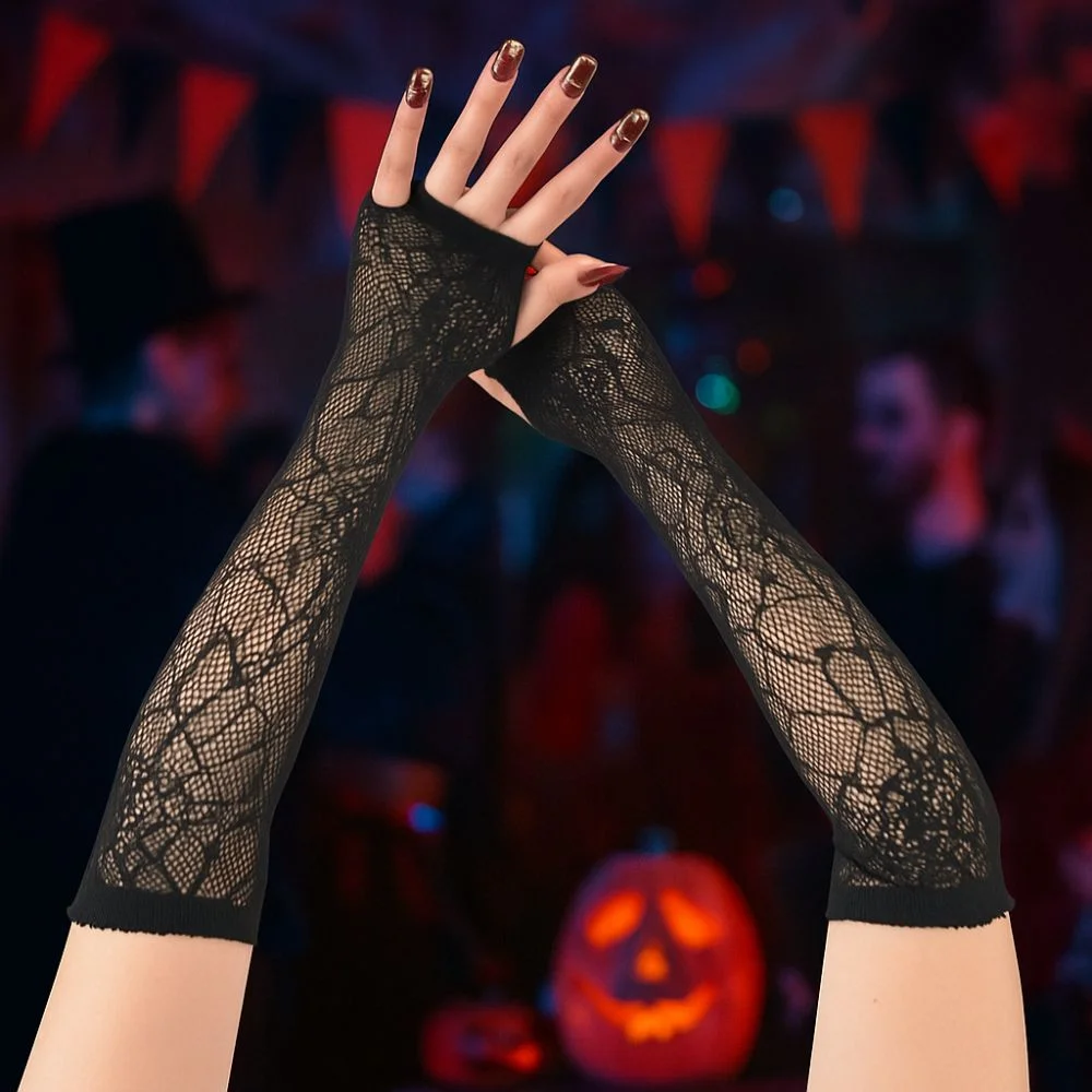 

Gothic Fashion Black Spider Web Gloves Stretchy Long Sleeve Half-Finger Gloves Mesh Thin Fishnet Gloves Streetwear