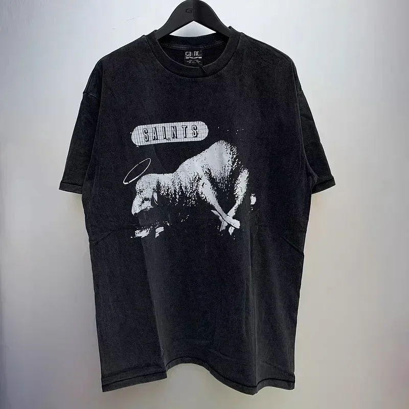 

Washed Charcoal Black SAINT MICHAEL T Shirts For Men Women High Quality Split Print Sheep Lion Pure Cotton T-Shirt