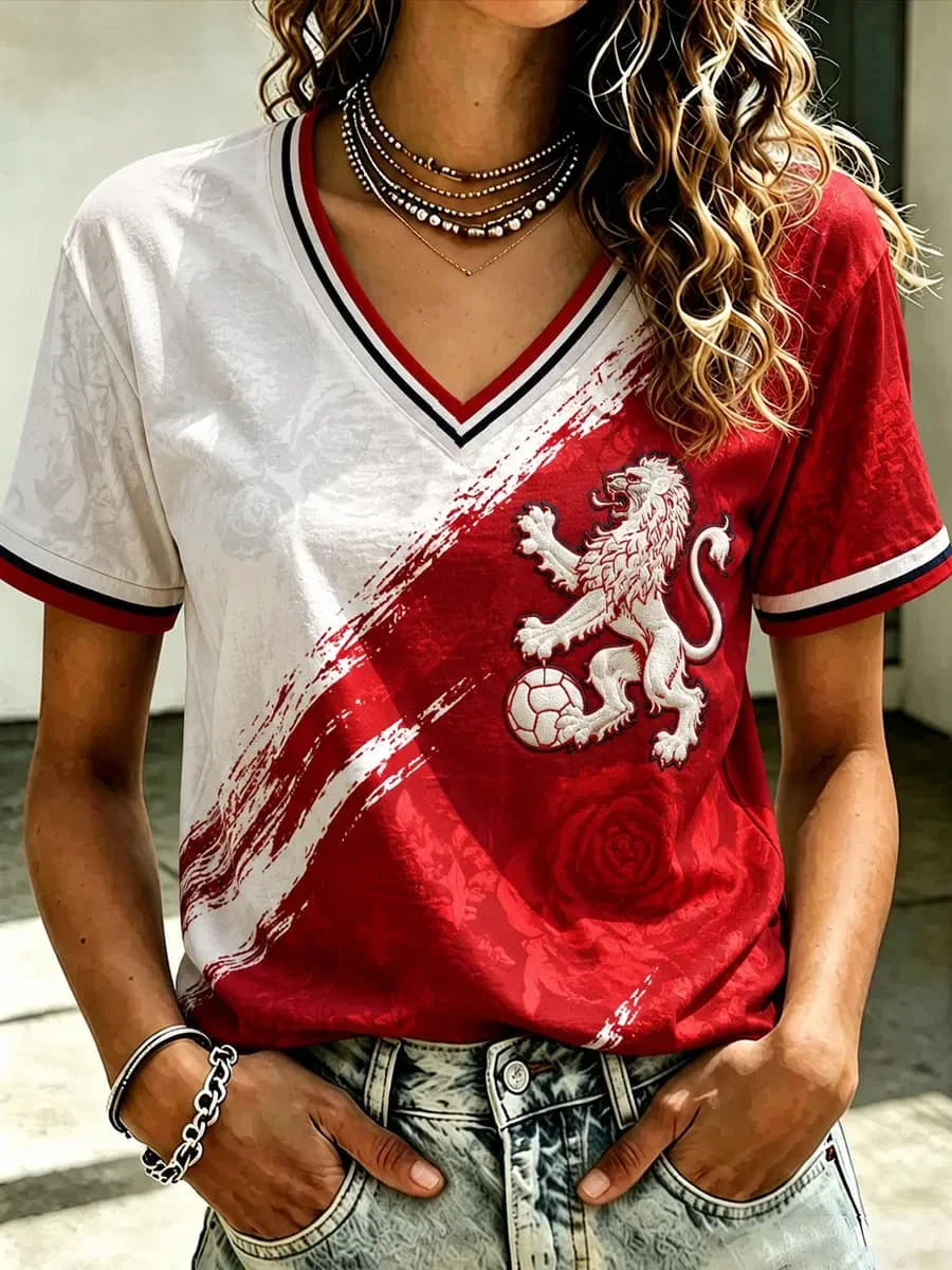 Damen-T-Shirt mit V-Ausschnitt, England-Fußball-T-Shirt, bedruckt, kurzärmelig, Trikot, Damen-Nationalfußball-Fan-Trikot, lässige Oberteile, T-Shirts, Kleidung