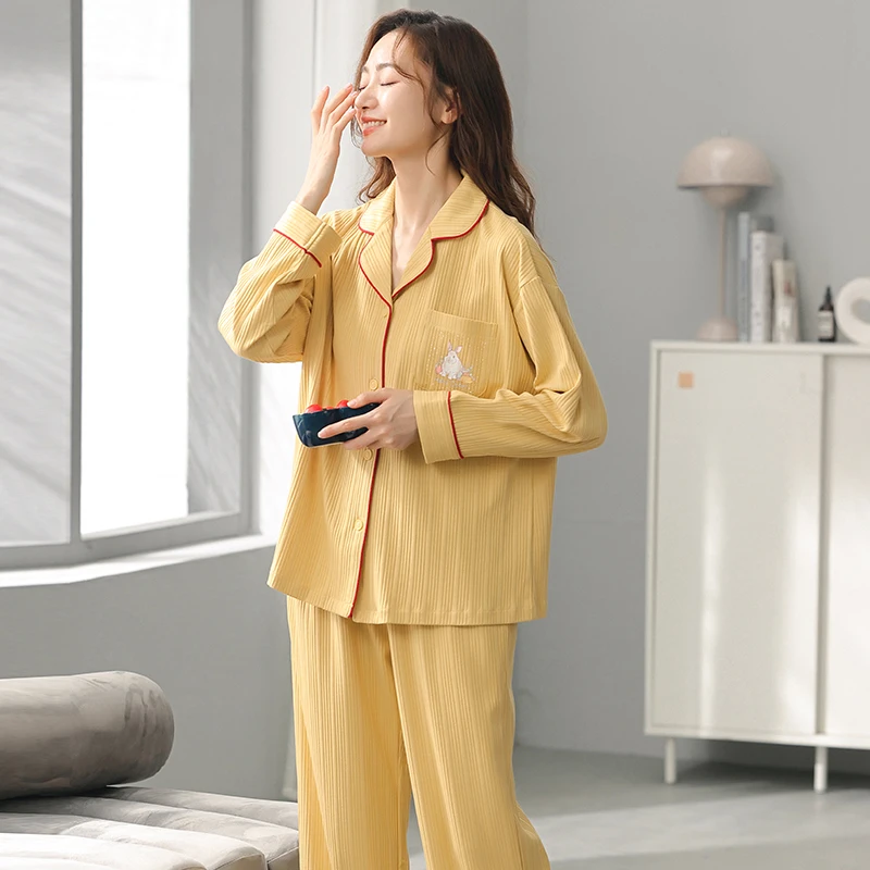 Sweet Dream Women's Pajamas Bright Color Cardigan All Cotton Home Furnishing  Autumn Winter Long Sleeve Set Loose Casual M-XXL