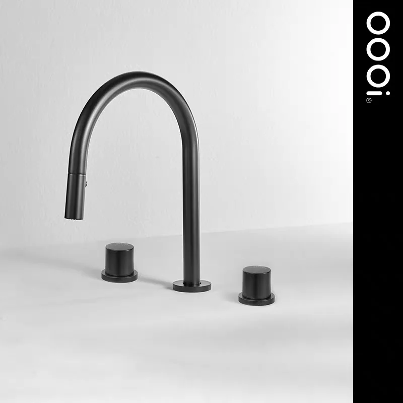 

Minimalist Design All-Copper Pull down Kitchen Faucet High-Quality Three-Hole Hot and Cold water Kitchen mixer Tap,Black