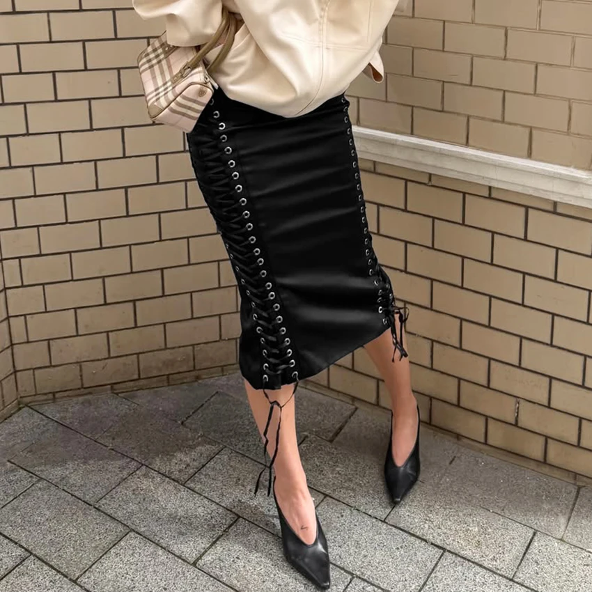 Linad Street Chic Black Satin Drawstring Skirts Woman 2026 Vintage Slim High Waist Straight Skirts Casual Lace Up Skirt Female