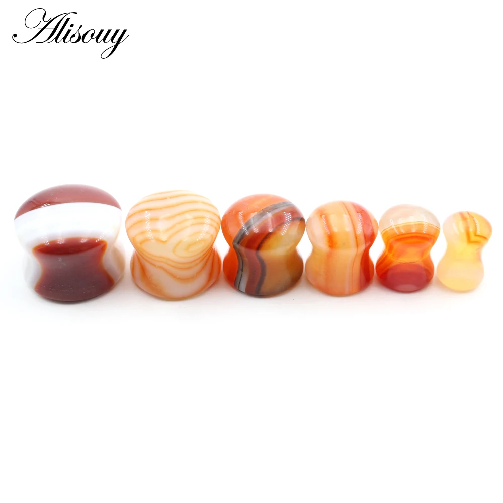 Alisouy 2PC Gebogene Streifen Naturstein Ausgestellte Ohr Tunnel Plugs Flesh Stretcher Expander Messgeräte Ohrringe Piercing Körper Schmuck