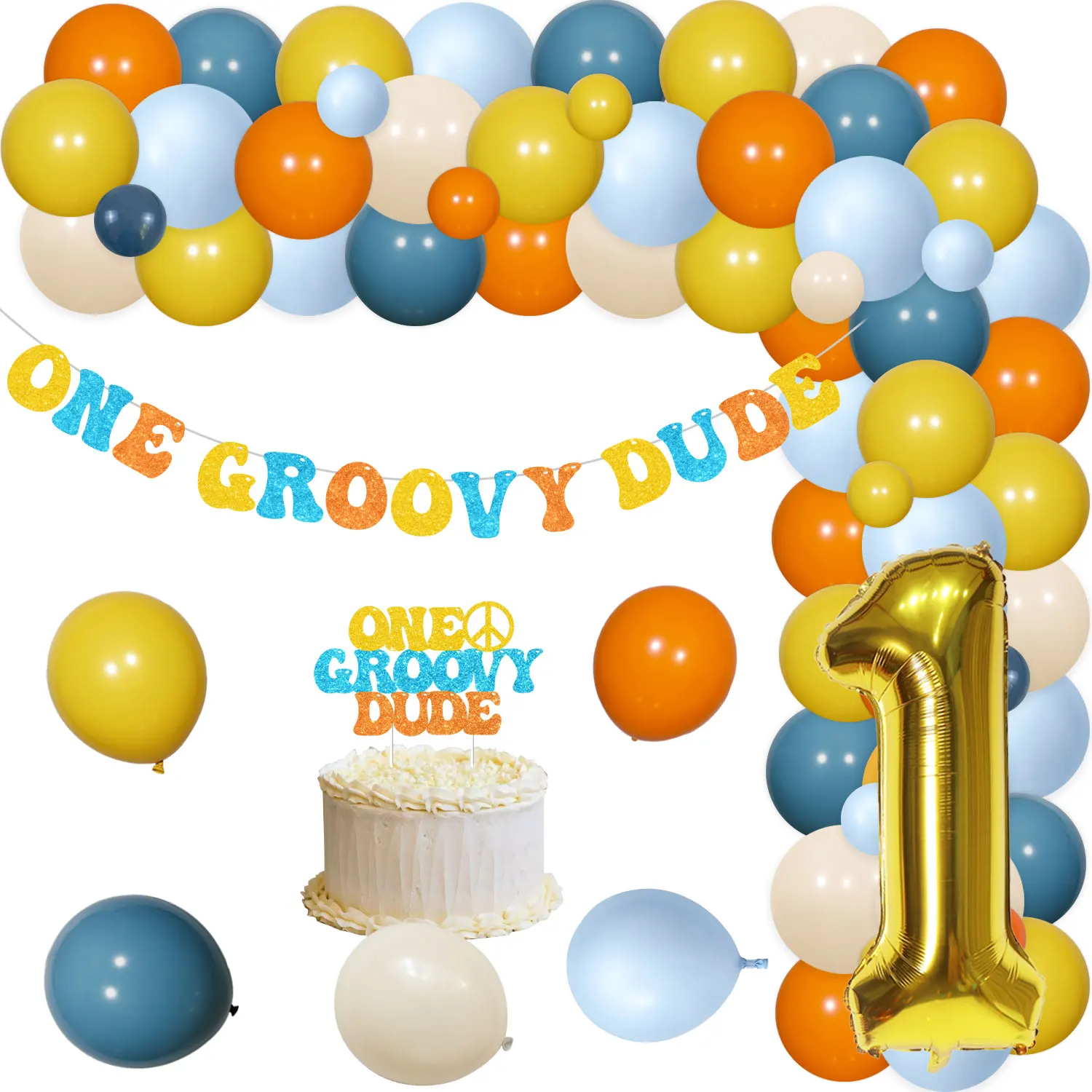 One Groovy Dude Birthday Decor Balloon Garland Arch Kit Cake Topper for Baby Boy Girl First Birthday Party Supplies