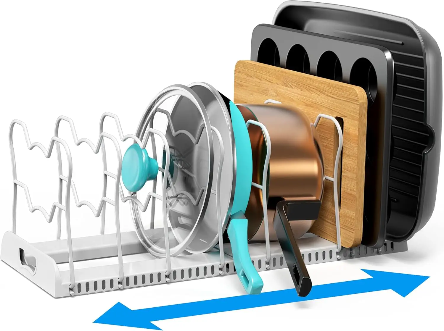 

Расширяемая полка-органайзер для сковороды, 10 регулируемых отделений, белая — кухонное хранилище для кастрюль, сковородок, крышек и формы для выпечки