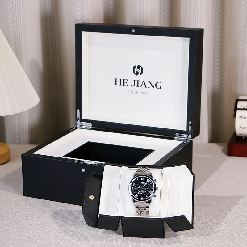 

OEM/ODM Luxury Matte Black Wooden Watch Boxes Customized Multifunctional Packaging with Leather Watch Pouch Inside