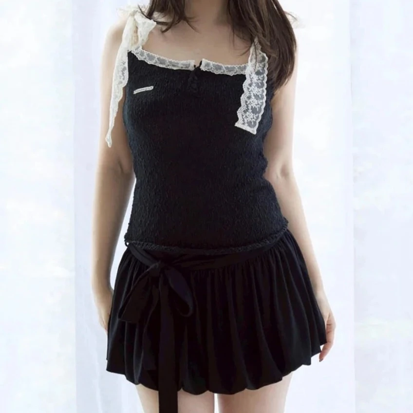 صيف خريف جديد النمط الياباني ثنيات تنورة عالية الخصر فام رسالة التطريز زهرة برعم ربطة القوس فيونكة التنانير القصيرة للنساء #2