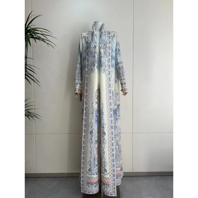 KAF Pleated Women Luxury Abaya 2025 Spring Fall New Vintage Printed Cardigan Lace-up Loose Large Size Design Arabian Abaya