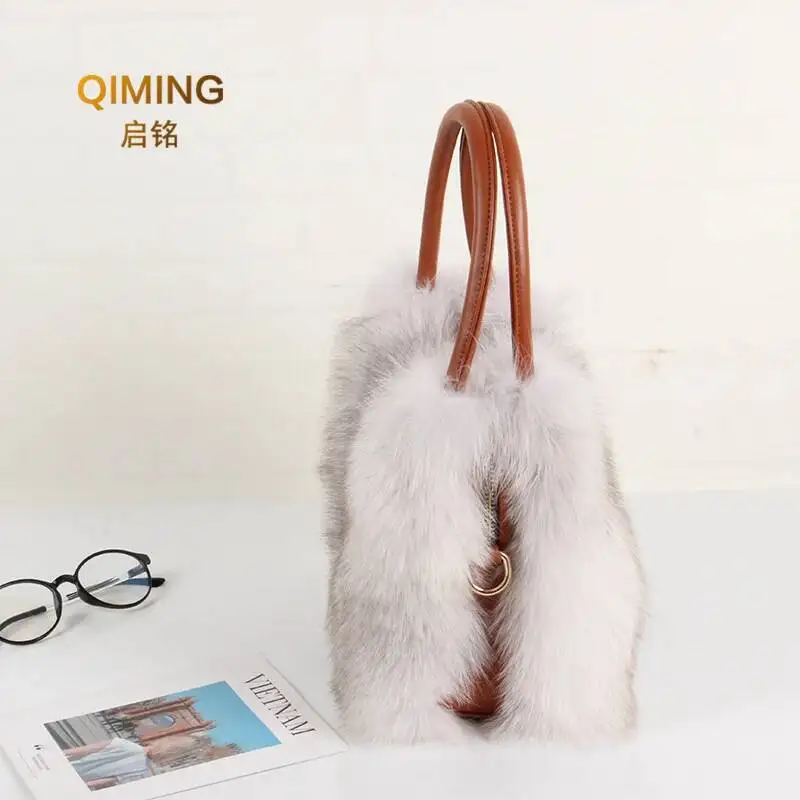Women Real Fox Fur Handbag Winter Fashion Top-Handle Shoulder Bag Luxury Leather Tote Fluffy Pelt Banquet Ladies Bag