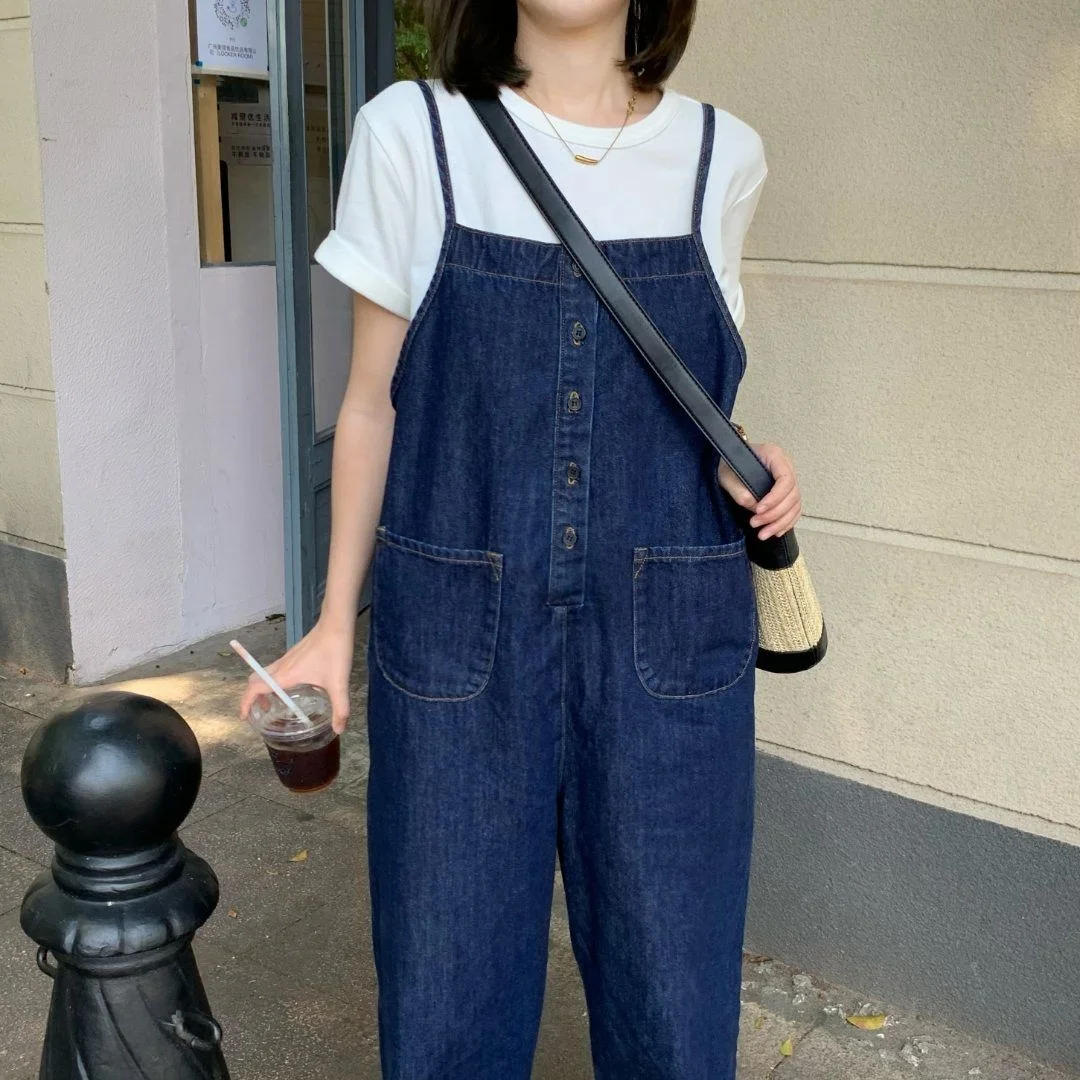 Salopette en Denim pour femmes, grande taille, ample, jambe droite, printemps automne, taille haute, pantalon Long, Design coréen Sle Faion