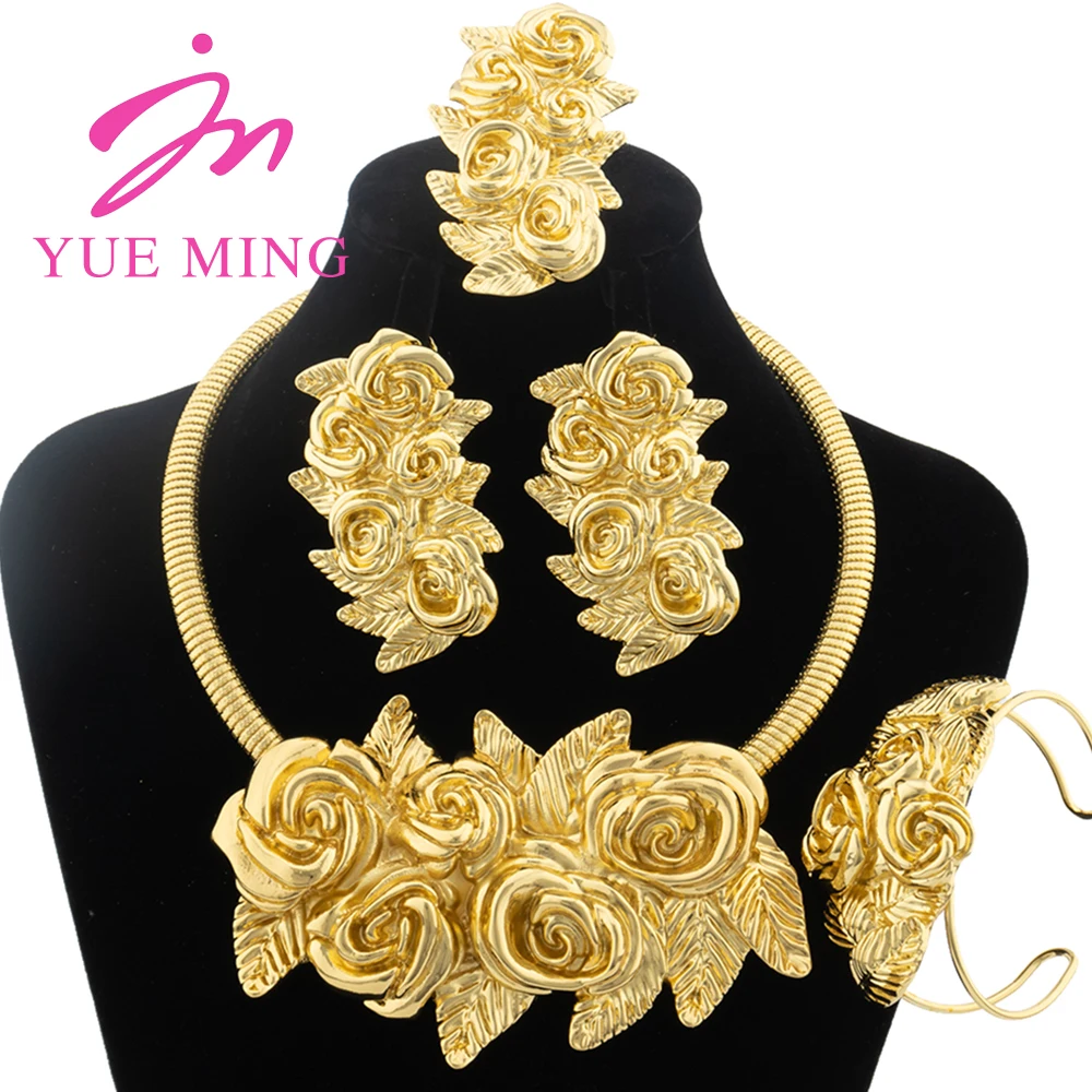 YM Gold Color Jewelry Set For Women Dubai African Wedding Bridal Necklace Copper Earrings Adjustable Ring Ethiopia Flower Bangle