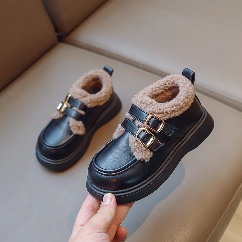 British Style Children Leather Shoes for Girls Winter 2023 Thick Soled Lamb Wool Warm Boys Uniform School Cotton Shoes Plush PU