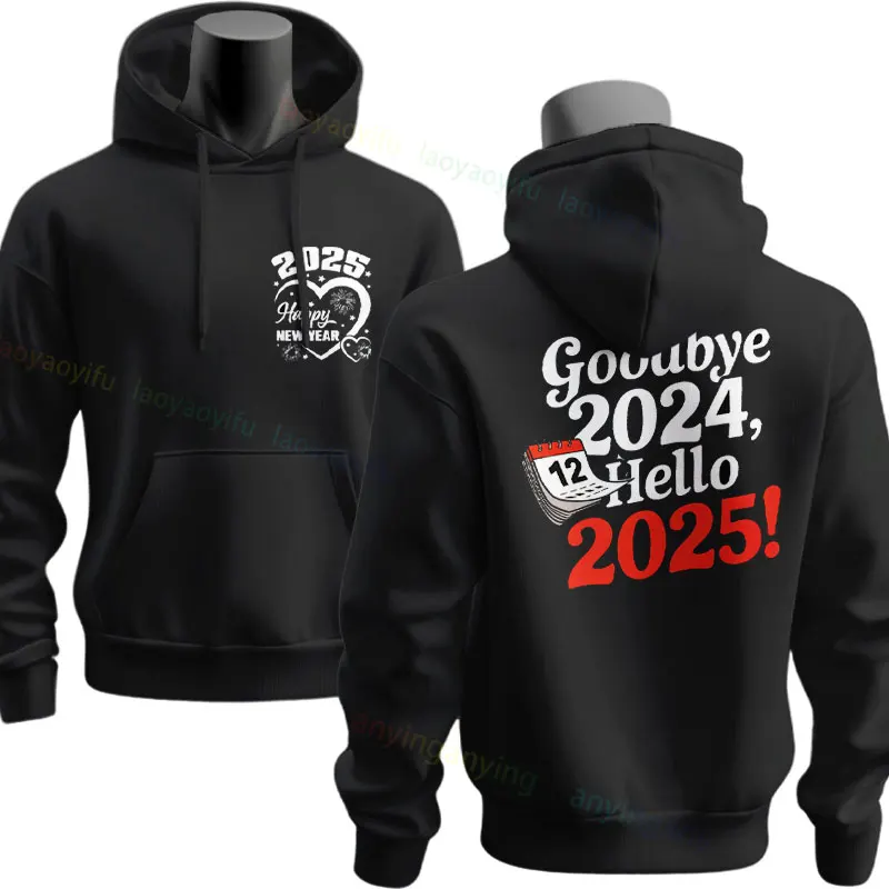 Casual Graphic Design Hoodie with Goodbye 2024, Hello 2025