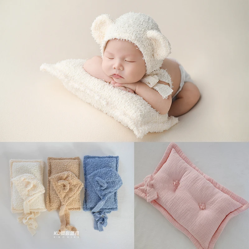 KD Newborn Photography Props Plush Bear Ear Hat Pillow Adjustable Drawstring Hat Soft Bow Pillow Studio Baby Shoot Accessories