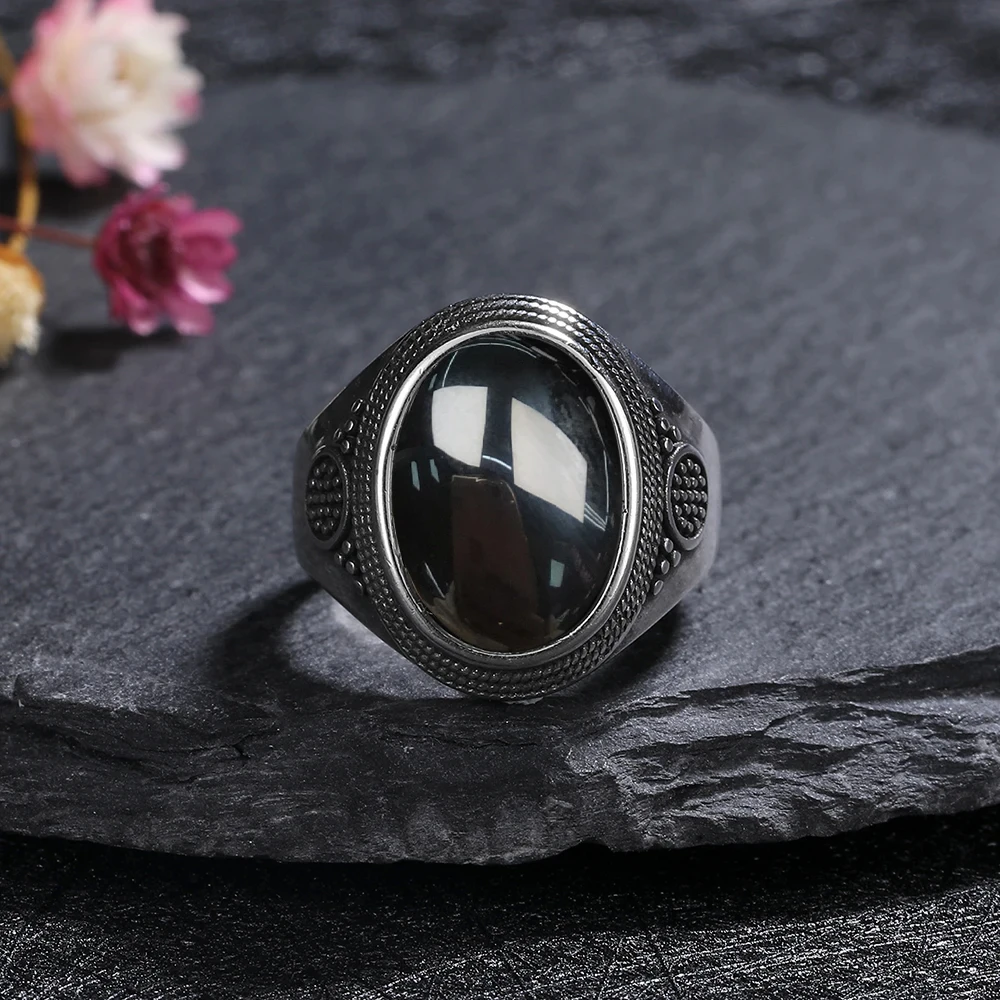 925 Sterling SilverRing for Women Gift Oval Round Natural Black Agate Ring Sun Shaped Retro Jewelry