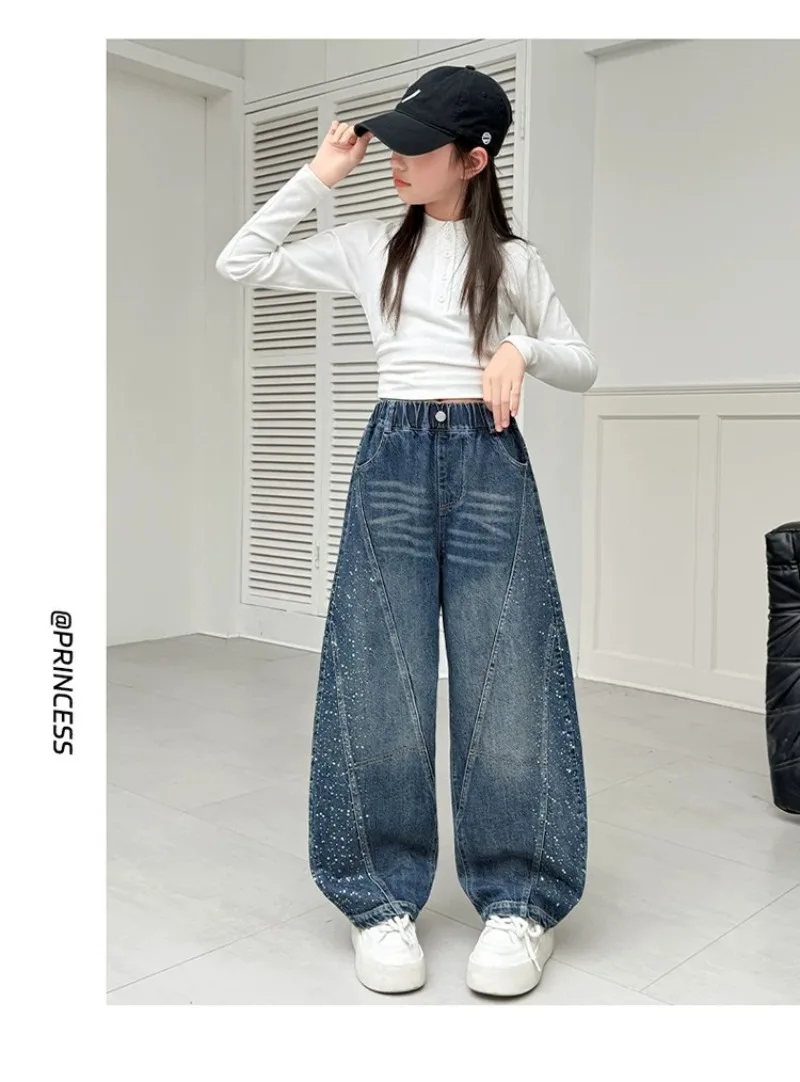 Kinder Mädchen Jeans UNITIM Herbst Junge Teenager Mädchen Glänzende Denim-Hosen Lose Elastische Taille Junior 4-14J Mädchen Weite Hosen – Detail 7