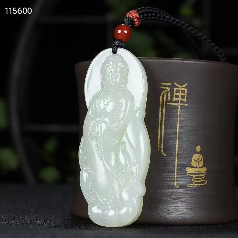 

Natural 100% real white hetian jade carve guanyin Bless peace pendant jewellery Handle piece for men woman gifts good luck