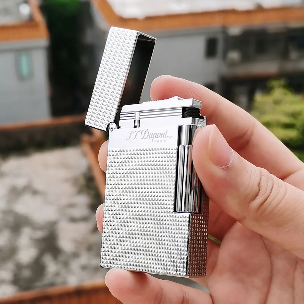 Luxury Brand Metal Lighters PING Sound Engraved Lattice Gas Cigarrette Tools For Smoking Men Unique Gifts Dupont