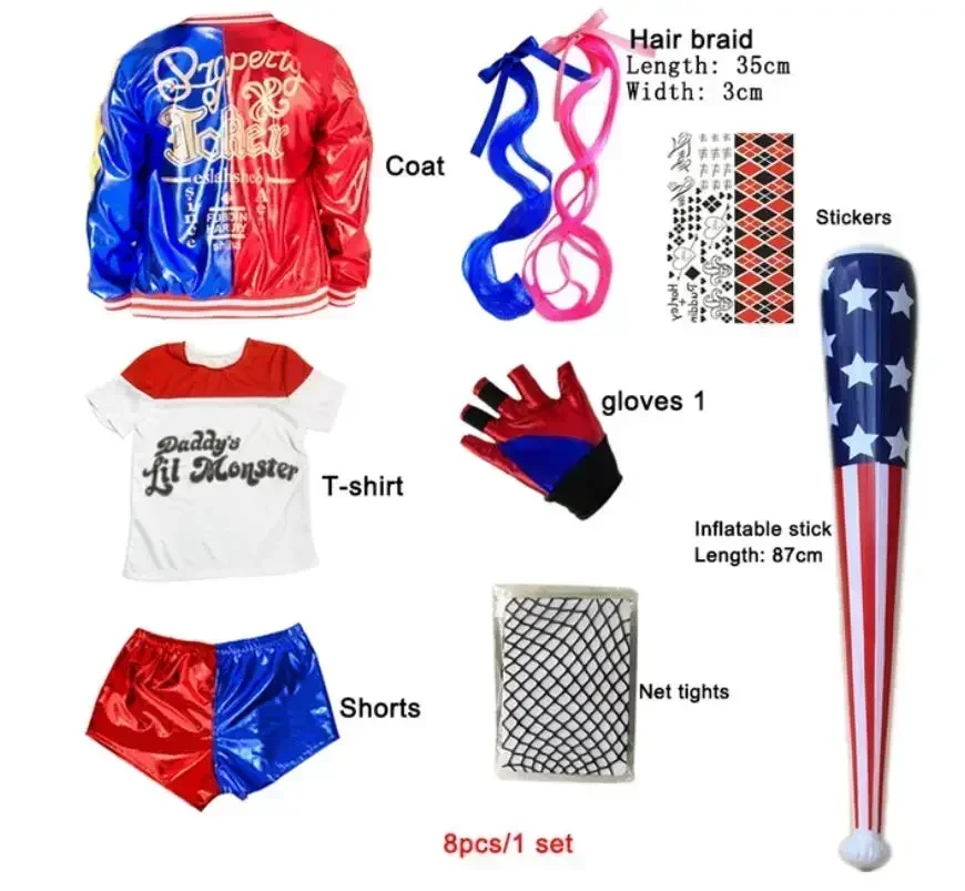 Stroje Harley Quinn dla dziewczynek, cosplay, kurtka, spodnie, T-shirt, zestawy ubrań na imprezę