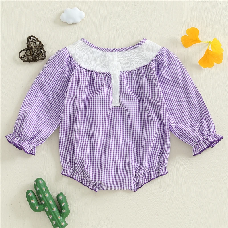 Baby Rompers Autumn Newborn Baby Clothes For Girls Long Sleeve Crew Neck Cowgirl Hat Embroidery Plaid Jumpsuit Baby Clothing