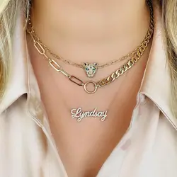 2022 New Cool Women Girl Jewelry Micro Pave CZ Blue Enamel Animal Jaguar Pendant Necklace With Paper Clip Chain